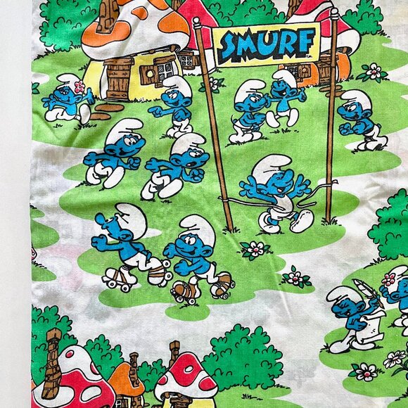 Vintage 1980s Smurf Sheet Set w Fitted Bottom + Flat Top + Pillowcase Peyo Retro - Picture 13 of 14